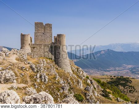 Evocative View Of Rocca Calascio Ruins, Ancient Medieval Fortress In Gran Sasso National Park, Abruz