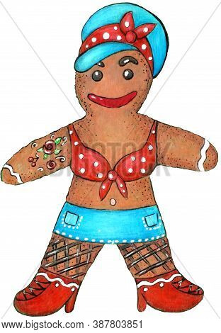 Hand Drawn Christmas Or New Year Character: Gingerbread Man Girl In Punk Rock Rockabilly Psychobilly