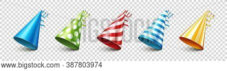 Party Shiny Hat With Ribbon On Transparent Background. Holiday Decoration. Birthday Celebration. Vec