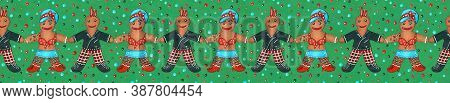 Hand Drawn Gingerbread Man And Girl In Punk Rock Rockabilly Psychobilly Style On Green Background. C