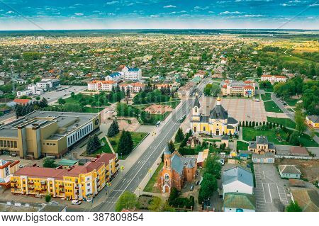 Rechytsa, Belarus. Aerial View Of Residential Houses And Famous Landmarks Of Town - Holy Assumption 