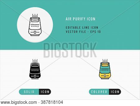 Air Purify Icons Set Editable Stroke Vector Illustration. Clean Air System Concept. Icon Line Style 