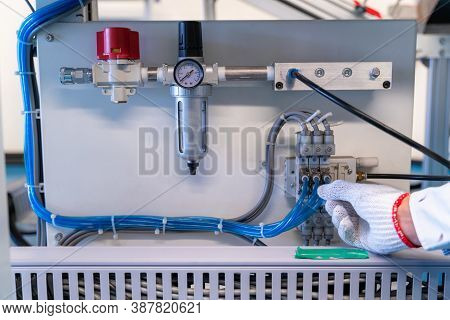 Pneumatic Control Valve In A Steam Heating System Of Conveyer In Industrial Factory.
