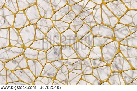 3d Illustration, Gray Marble Background, Golden Abstract Asymmetrical Mesh