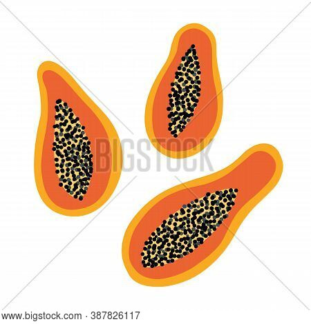 Set, Collection Of Vector Cartoon Style Icons Of Papaya Fruits Cut In Half With Pulp And Seeds.