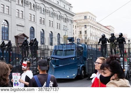 Minsk, Belarus - September 20, 2020: Armored Riot Water Cannon Truck, Equipped With Crowd Control Wa