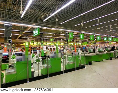 Kyiv, Ukraine - September 6, 2020: Row Of Cashier And Cash Desk In A Supermarket Novus At Kyiv, Ukra