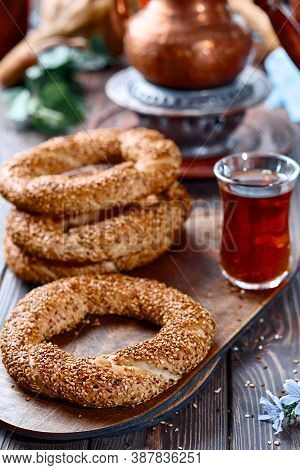 Freshly Baked Simit Baked Goods With Sesame Seeds Close-up (turkish Bagel - Gevrek Or Kuluri). Tradi