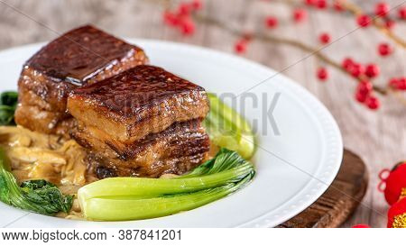 Dong Po Rou (dongpo Pork Meat) In A Plate With Green Vegetable, Traditional Festive Food For Chinese