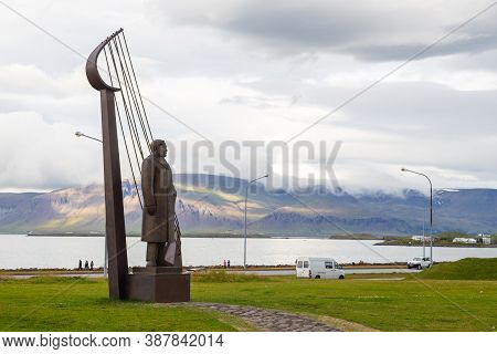 Reykjavik, Iceland- 27 August 2015: Einar Benediktsson Statue At The Hofdi House. Icelandic Poet And