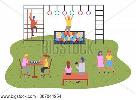 Children Playing Playground Vector Illustration. Kids On The Summer Play-field In City Park. Concept