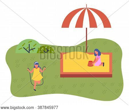 Happy Cartoon Kids Playing In Playground On The Backyard. Childrens Summer Playground With A Sandbox