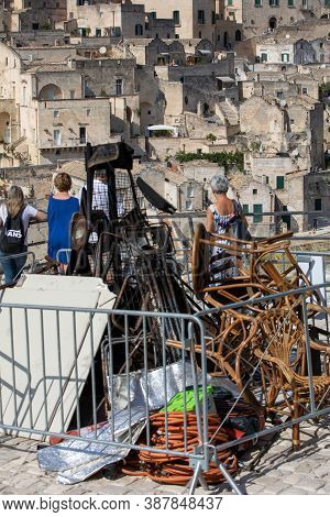 Matera, Italy - September 15, 2019: Bond 25, Scenography Elements Used For Explosion And Fire Scenes
