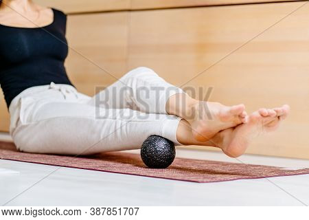 Woman Holding Massage Percussion Device Ideal For Muscle Soreness After Fitness Exercise, Muscle Str