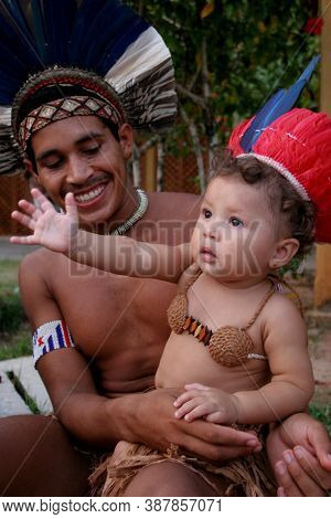 Porto Seguro, Bahia / Brazil - April 13, 2006: Pataxo Indians Are Seen In The Jaqueira Village In Th