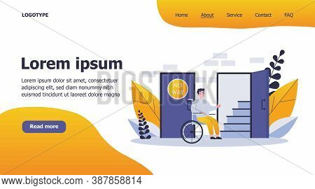 Handicapped Man In Wheelchair Looking At Staircase. Help, Restriction, Inability Flat Vector Illustr