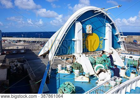 Gozo, Malta - Apil 3, 2017 - Raised Bow Of The Malita Gozo Channel Line Ferry To Allow Cars To Disem