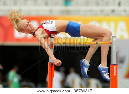 BARCELONA - 13 juli: Oksana Krasnokutskaya van Rusland springen op Hight sprong gebeurtenis van voor de 20e Wor