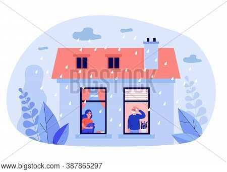 People Staying Home During Rainy Weather. View Through Window, Exterior, Depression Flat Vector Illu