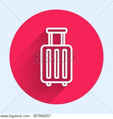 White Line Suitcase For Travel Icon Isolated With Long Shadow. Traveling Baggage Sign. Travel Luggag