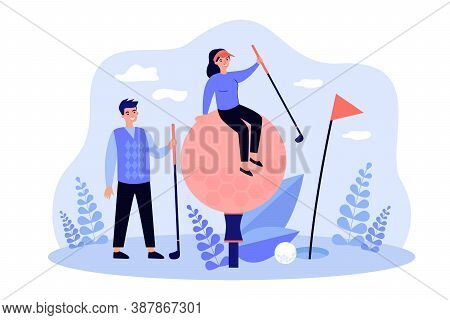 Tiny Golf Players With Brassies And Ball Having Fun On Lawn. Champions Enjoying Game. Flat Vector Il