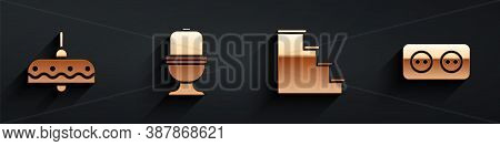 Set Chandelier, Toilet Bowl, Staircase And Electrical Outlet Icon With Long Shadow. Vector