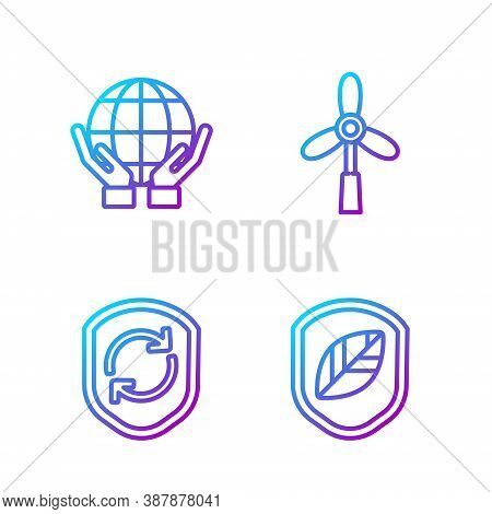 Set Line Shield With Leaf, Recycle Symbol Inside Shield, Hands Holding Earth Globe And Wind Turbine.