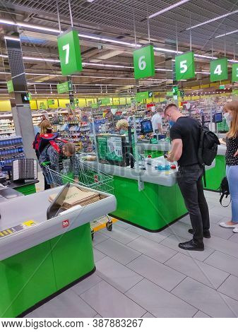 Kyiv, Ukraine - September 6, 2020: Row Of Cashier And Cash Desk In A Supermarket Novus At Kyiv, Ukra