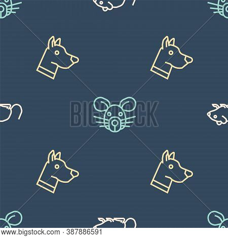 Set Line Rat, Dog Head And On Seamless Pattern. Vector