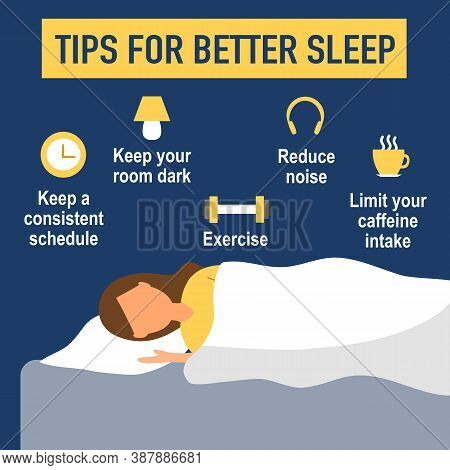 Tips For Better Sleep At Night Infographics. Sleeping Woman In Bedroom And Useful Advices For Better