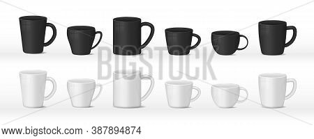 Realistic Blank White And Black Coffee Mug Cups On White Background. Hot Drink Container Cup Collect