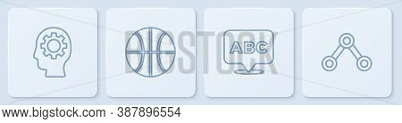 Set Line Head With Gear Inside, Alphabet, Basketball Ball And Molecule. White Square Button. Vector