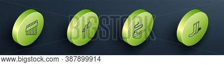 Set Isometric Pan Flute, Tomahawk Axe, Smoking Pipe And Cowboy Boot Icon. Vector