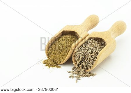 Dry Cumin Seeds With Ground Caraway Powder Isolated On White Background. Healthy Food Cumin Spice Co