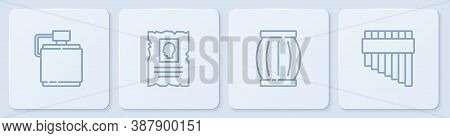 Set Line Canteen Water Bottle, Gun Powder Barrel, Wanted Western Poster And Pan Flute. White Square 