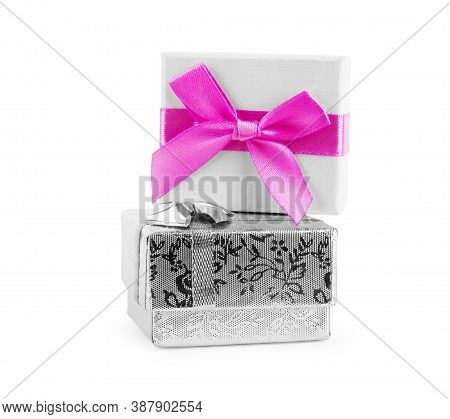 White Square Gift Box With Ribbon And Bow Isolated On Background