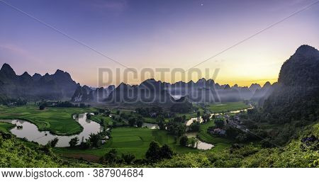 Beautiful Step Of Rice Terrace Paddle Field In Sunset And Dawn At Trung Khanh, Cao Bang.