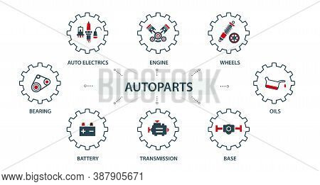 A Group Of Vector Images, Icons And Logos With Car Parts, Batteries, Transmission, Electrical Equipm