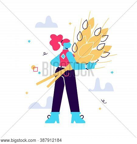 Cartoon Vector Illustration Of Woman With Golden Sheaf Of Wheat