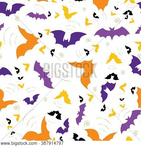Vector Seamless Pattern With Colorful Bats. White Background For Halloween.