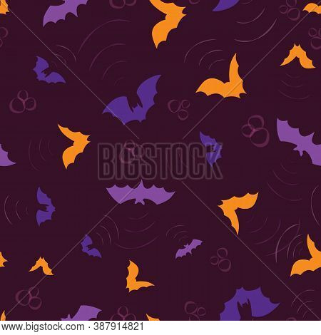 Vector Seamless Pattern With Colorful Bats. Dark Background For Halloween.