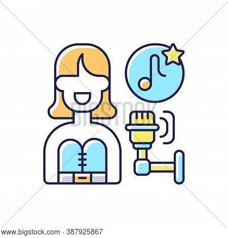 Pop Music Rgb Color Icon. Studio Microphone. Fancy Celebrity In Dress. Song Notes With Stars. Popula
