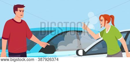 Arguing People Semi Flat Vector Illustration. Car Crash. Woman Pointing Towards Man. Loud Conflict. 