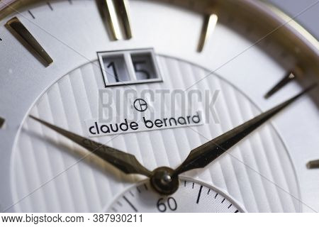 Geneve, Switzerland 01.10.2020 - Claude Bernard Man Swiss Made Watch Gold Pvd Coating White Dial Clo