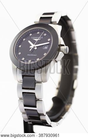 Paris, France 01.10.2020 - Longines Ladys Wrist Watch Isolated On White. Date Function Indicating 18
