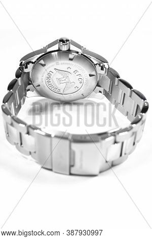 Tokyo, Japan 01.10.2020 - Longines Mens Wrist Watch Isolated. Longines Brand Logo On Stainless Steel