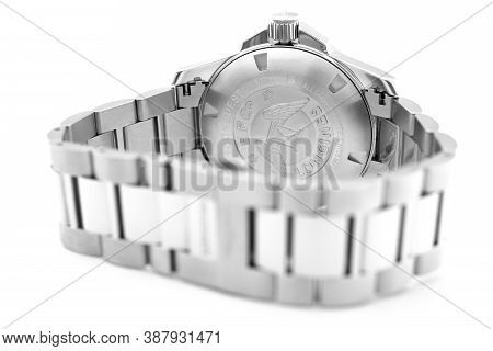 Rome, Italy 01.10.2020 - Longines Mens Wrist Watch Isolated On White. Longines Brand Logo On Stainle