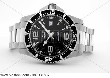Tokyo, Japan 01.10.2020 - Longines Mens Wrist Watch Isolated. Famous Watch Manufactory Swiss Luxury 