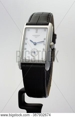 Rome, Italy 01.10.2020 - Longines Ladys Wrist Watch Isolated On White. Luxury Jewelry Watch With Dia
