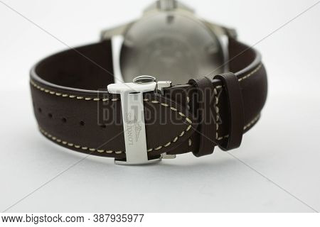 Tokyo, Japan 01.10.2020 - Longines Brand Logo On Leather Strap Close Up Buckle Detail. Longines Logo